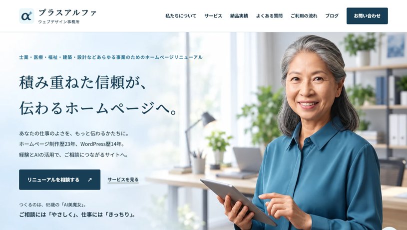 プラスアルファウェブデザイン事務所のホームページ画面